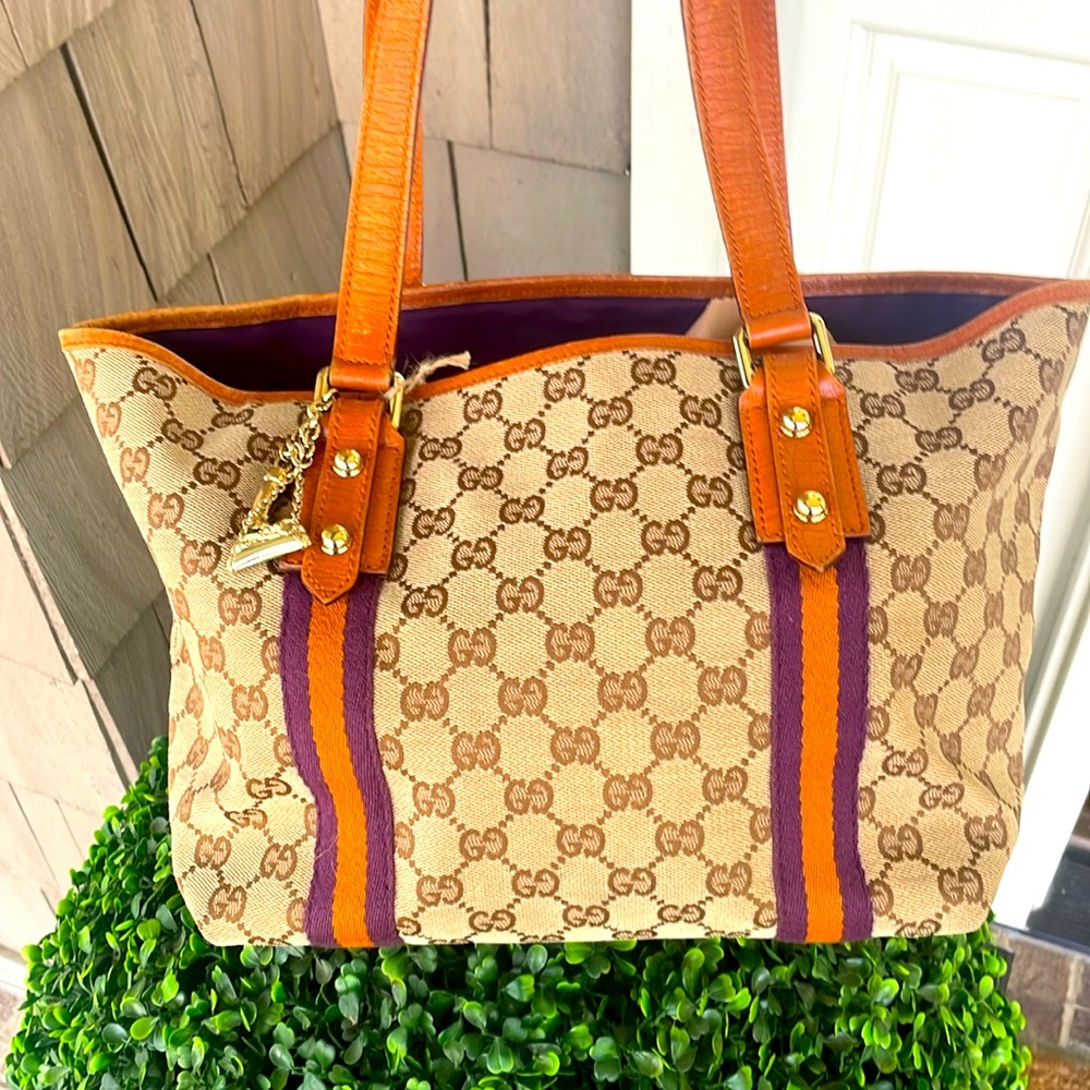 Gucci Beige Canvas GG Tote with Orange & Purple Stripes